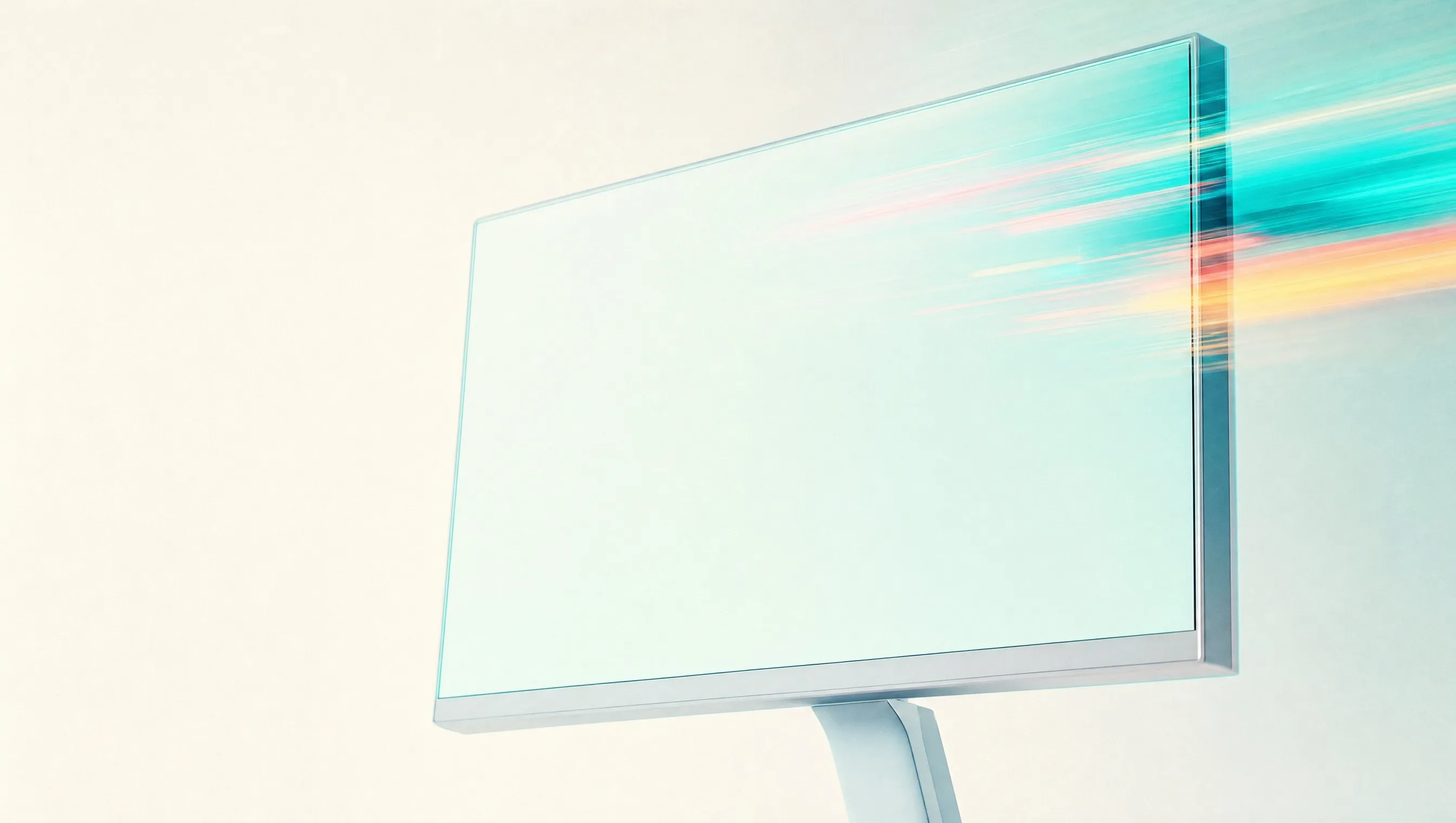 A slim computer monitor on a stand, seen at an angle against a pale cream background, its blank screen glowing soft pale aqua, with a horizontal smear of teal, coral and yellow light streaking past its upper right edge, an image for a post on Perplexity SEO