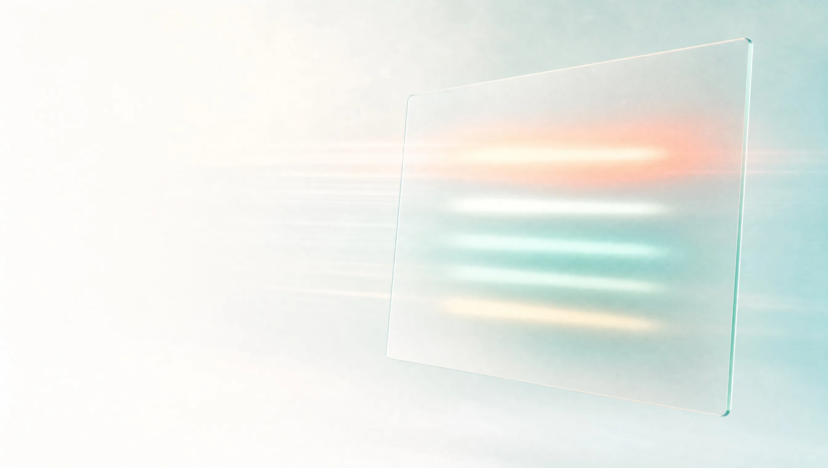 A blank frosted glass panel floating in the upper right of a pale cream space, with soft bands of coral, teal and yellow light stacked down it like a sorted list, an illustration for a guide on how to do SEO