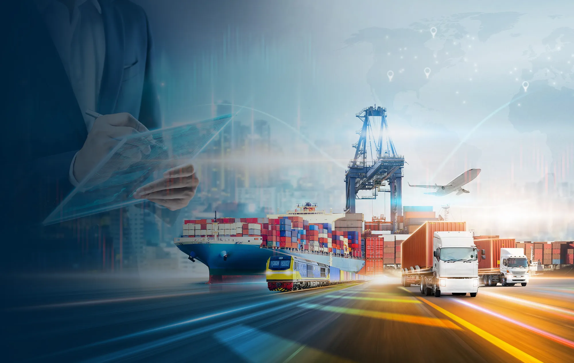 A port with a container ship, a freight train, lorries, a crane and a plane, beside a person in a suit writing on a glass tablet