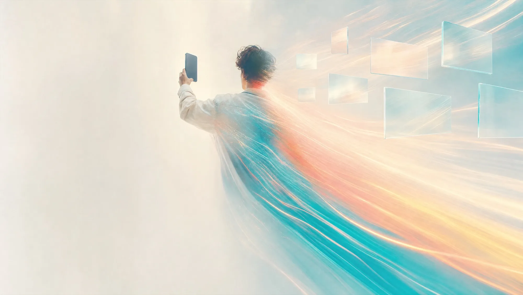 A person seen from behind in a pale, empty room, holding up a phone to film a short video, their body dissolving into teal, coral and yellow light trails that stream towards small blank glass panels floating like an audience, for a post on KOL meaning