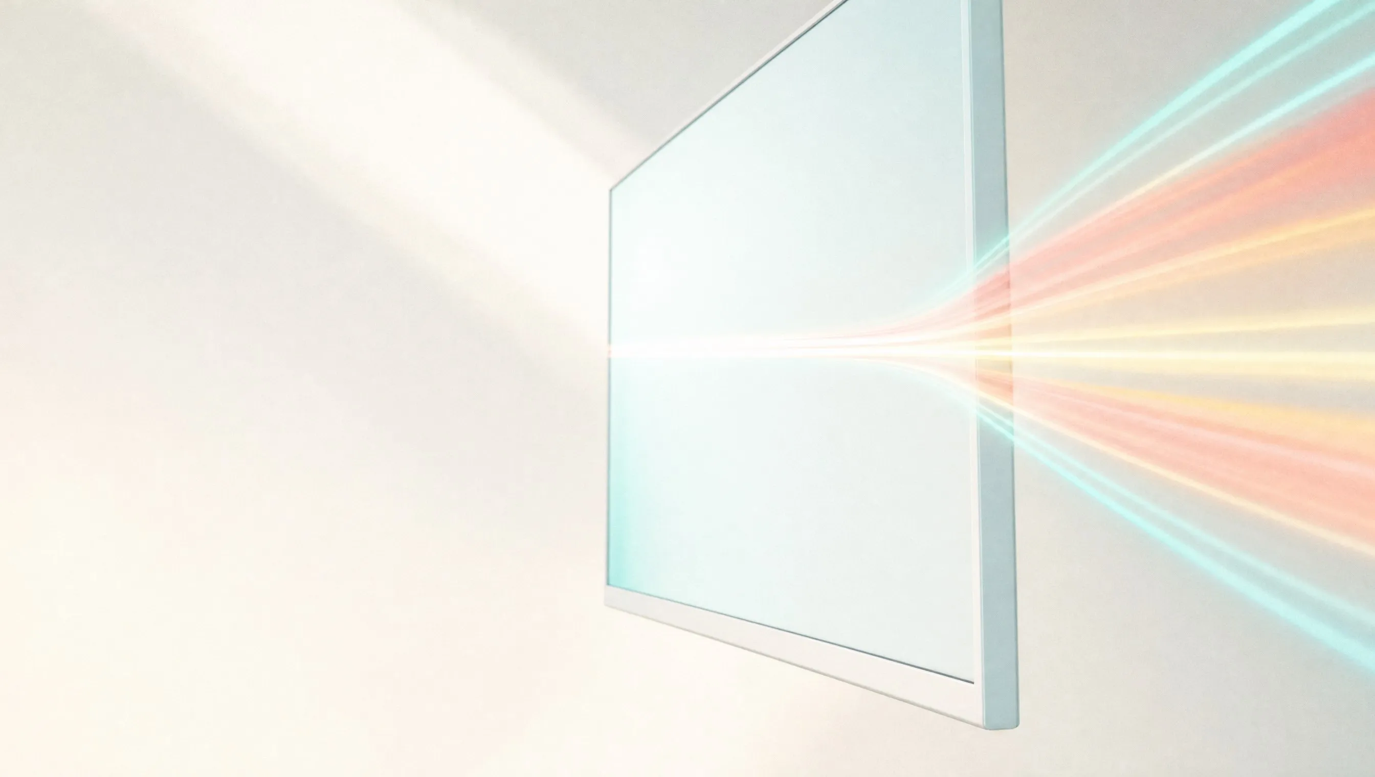 A slim monitor floating on a pale cream background, its blank screen glowing pale aqua, as one beam of white light passes through it and fans out into teal, coral and yellow streaks, an image for a post on query fan-out