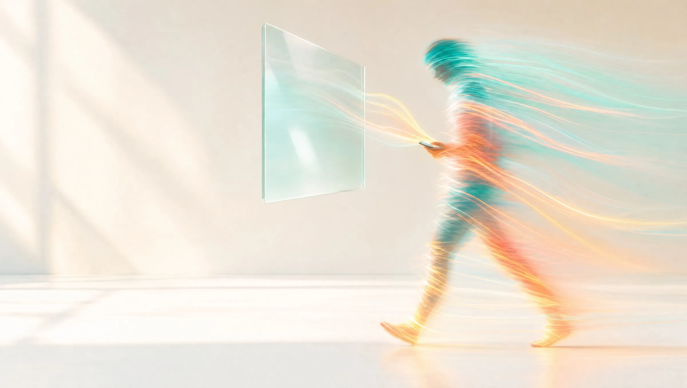 A person walking through a bright cream room while looking at a phone, their body dissolving into teal, coral and yellow light trails that stream towards a blank frosted glass panel, for a guide to lead generation