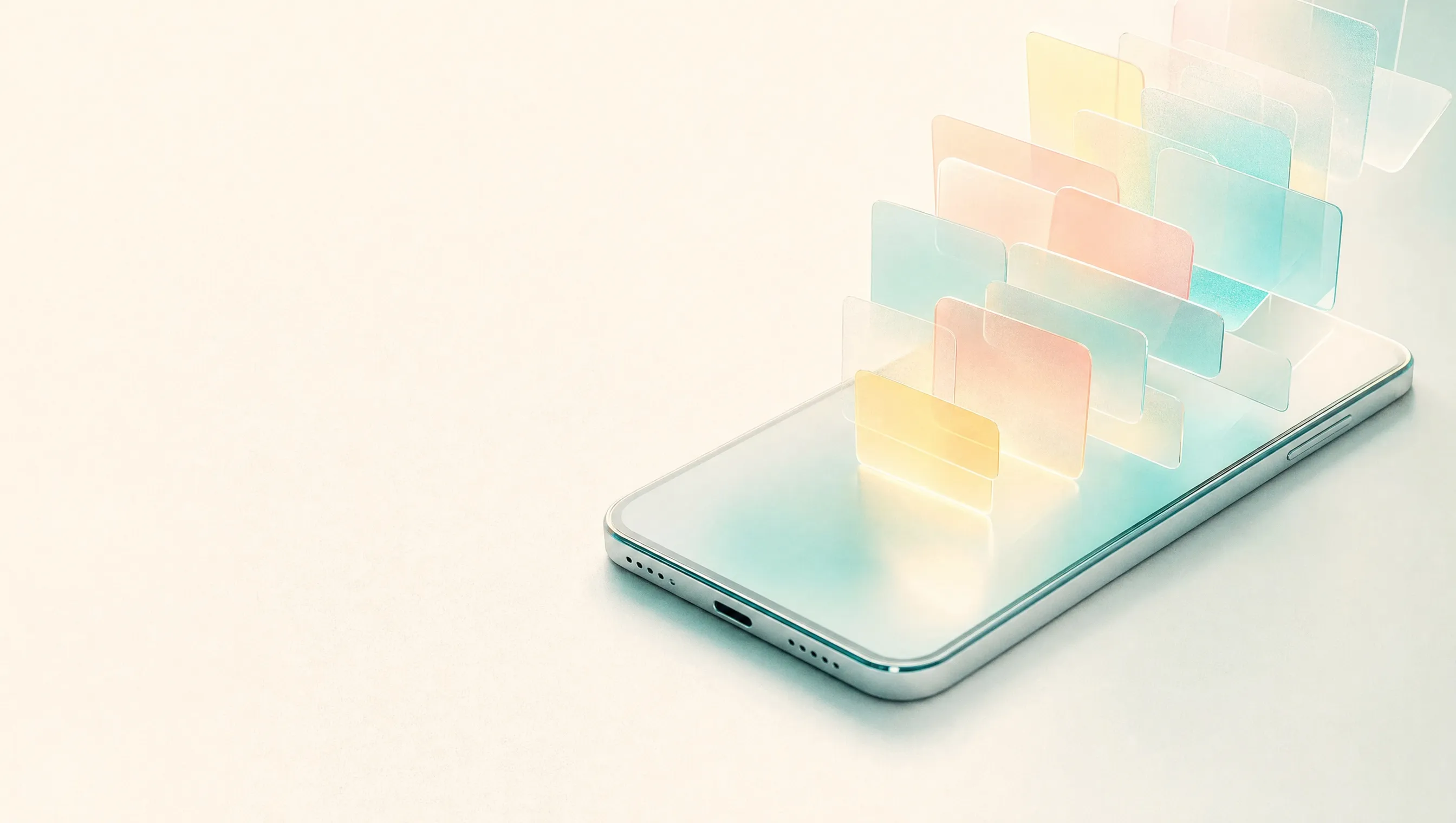 A smartphone lying almost flat on a pale cream background, its blank screen glowing, with empty frosted glass cards in teal, coral and yellow rising from it, for a guide to the LINE Official Account