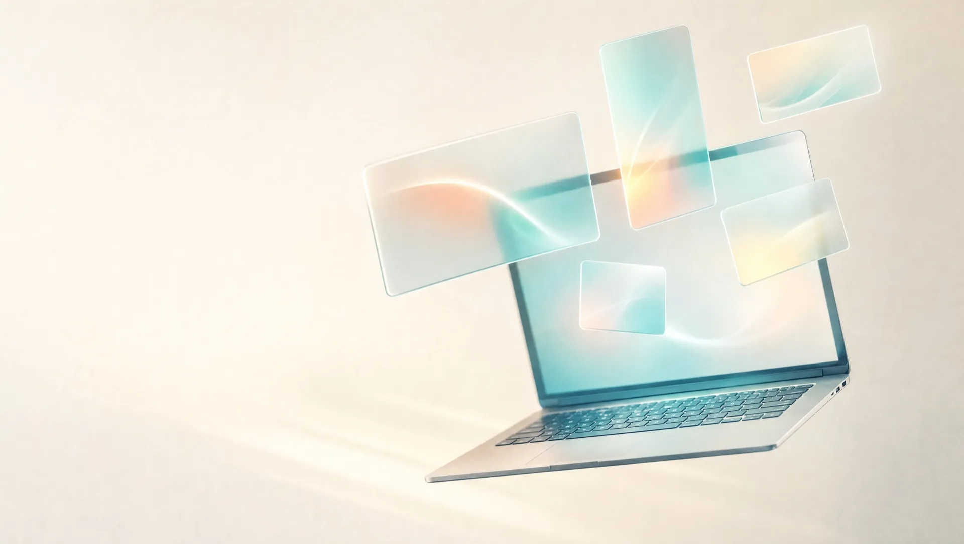 A laptop with a blank glowing screen floating on the right, frosted glass cards of different sizes drifting out of it in teal, coral and yellow light on a pale cream background, standing for content marketing in many formats