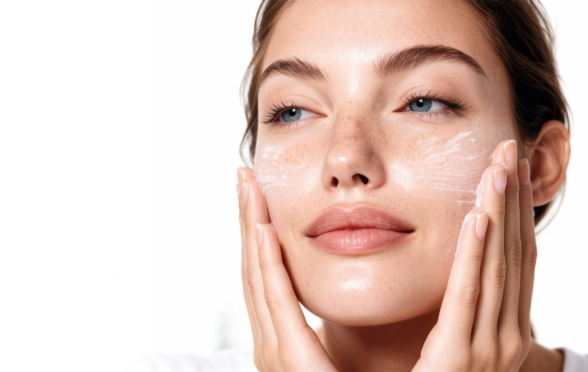 A woman with freckles and her hair tied back smoothing white cream onto both cheeks with her fingertips