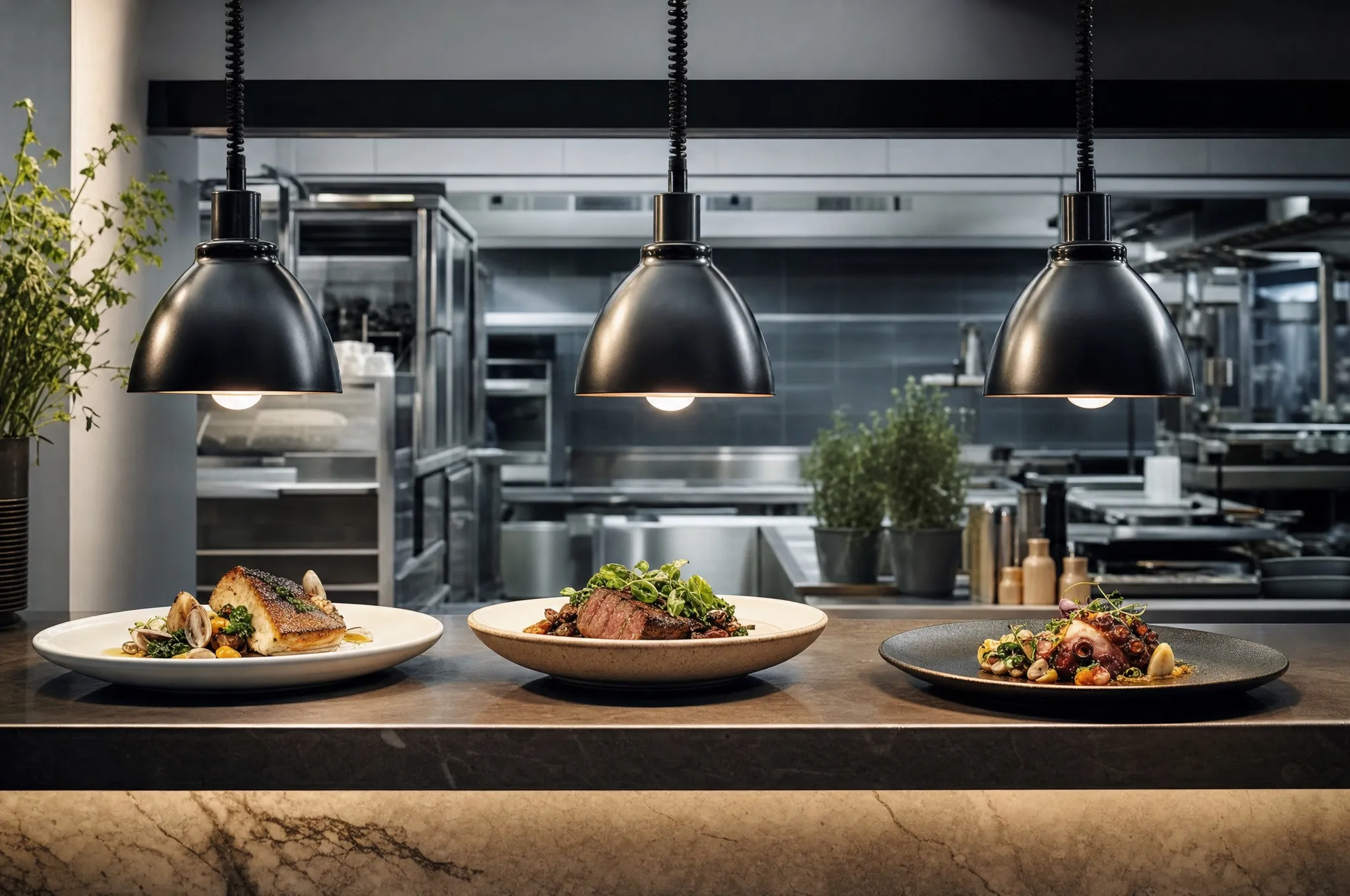 Three plated dishes on a restaurant pass under warm lamps