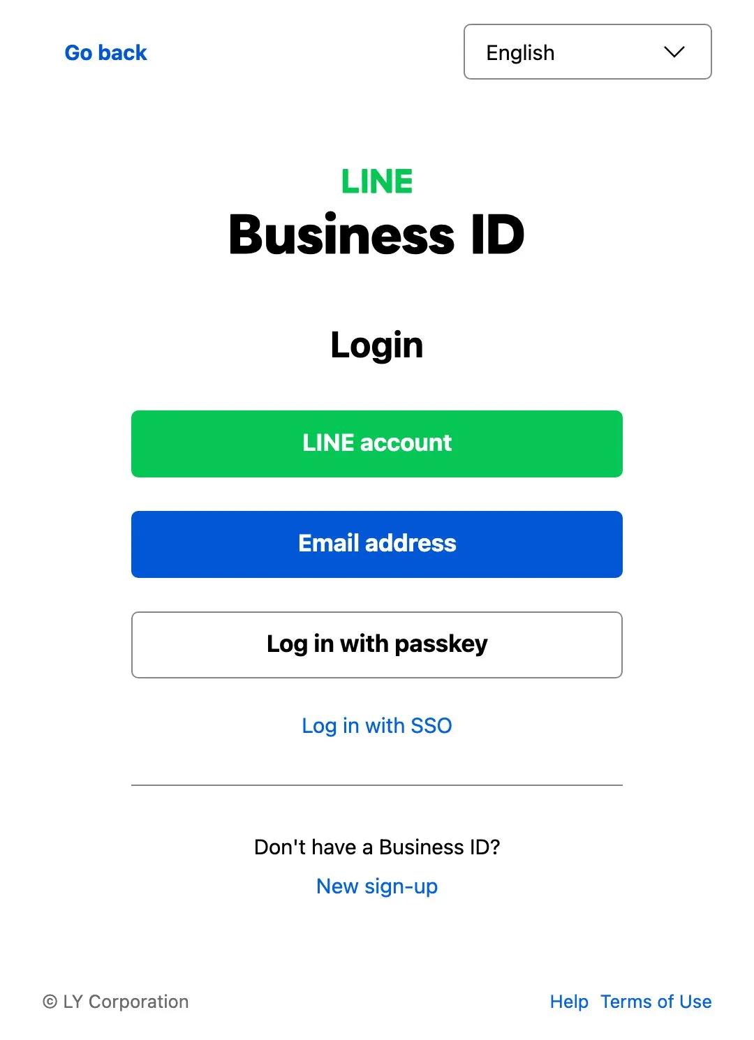 LINE Business ID login page in English, with buttons to log in with a LINE account, an email address or a passkey, and a link for a new sign-up