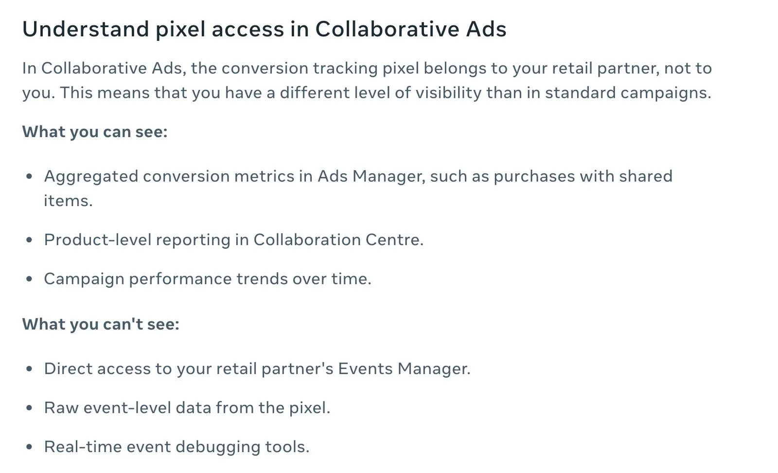 Capture of Meta’s help page section Understand pixel access in Collaborative Ads, listing the 3 things a brand can see and the 3 things it cannot see