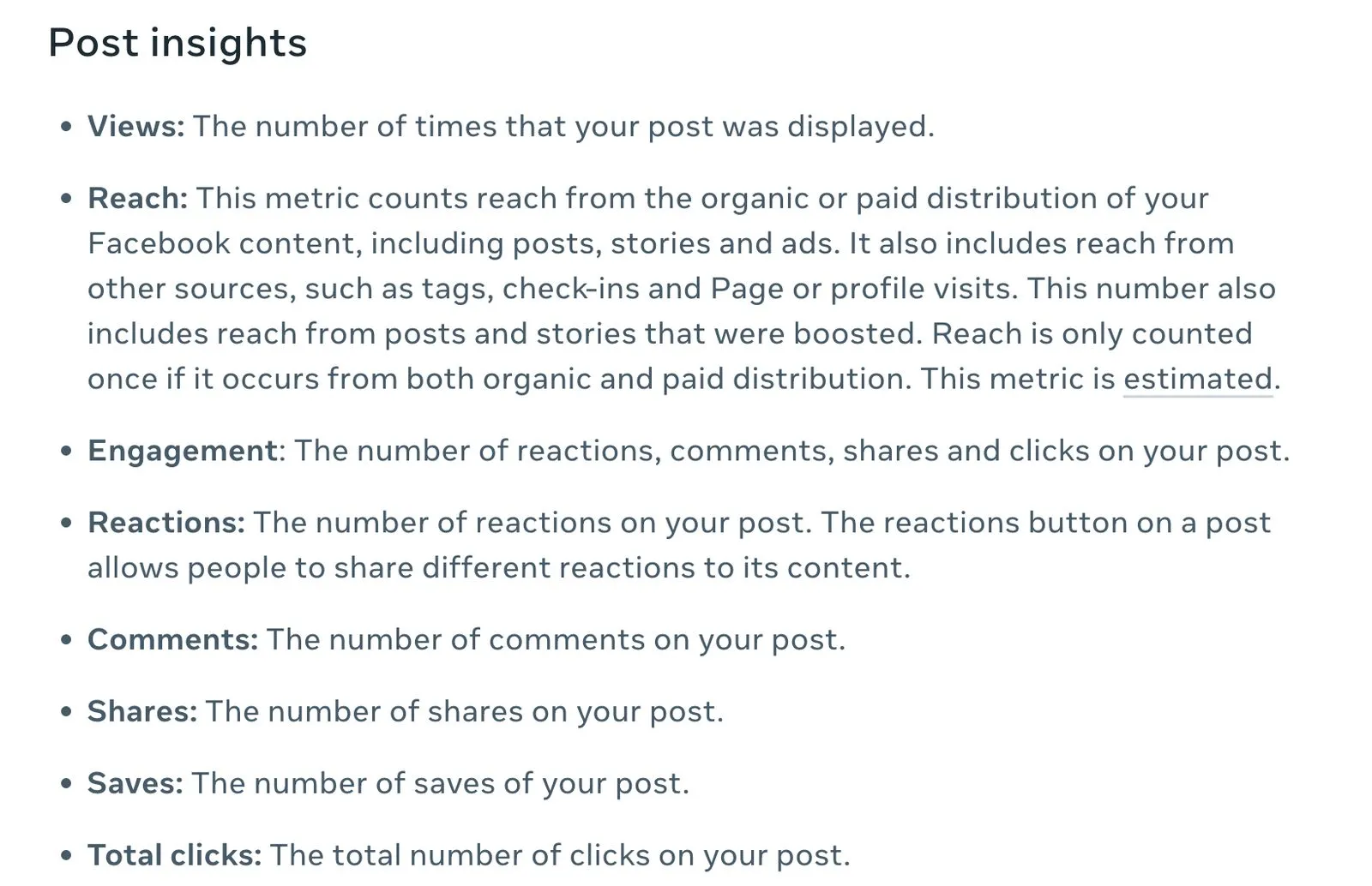 Meta’s English help page listing the insights for a Facebook post, with views, reach, engagement, reactions, comments, shares, saves and total clicks