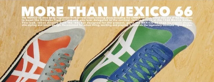 รองเท้าผ้าใบ Onitsuka Tiger Mexico 66 สีส้มและสีเขียว ใต้ข้อความ More Than Mexico 66 เป็นแบนเนอร์บนร้านค้าออนไลน์ของแบรนด์ในประเทศไทย