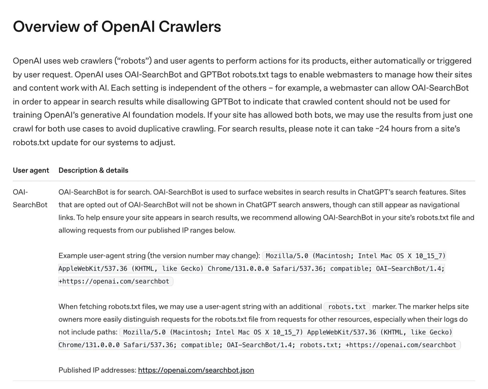 OpenAI’s Overview of OpenAI Crawlers page, which says OAI-SearchBot is used to show websites in ChatGPT’s search features and that sites opted out of OAI-SearchBot are not shown in ChatGPT search answers