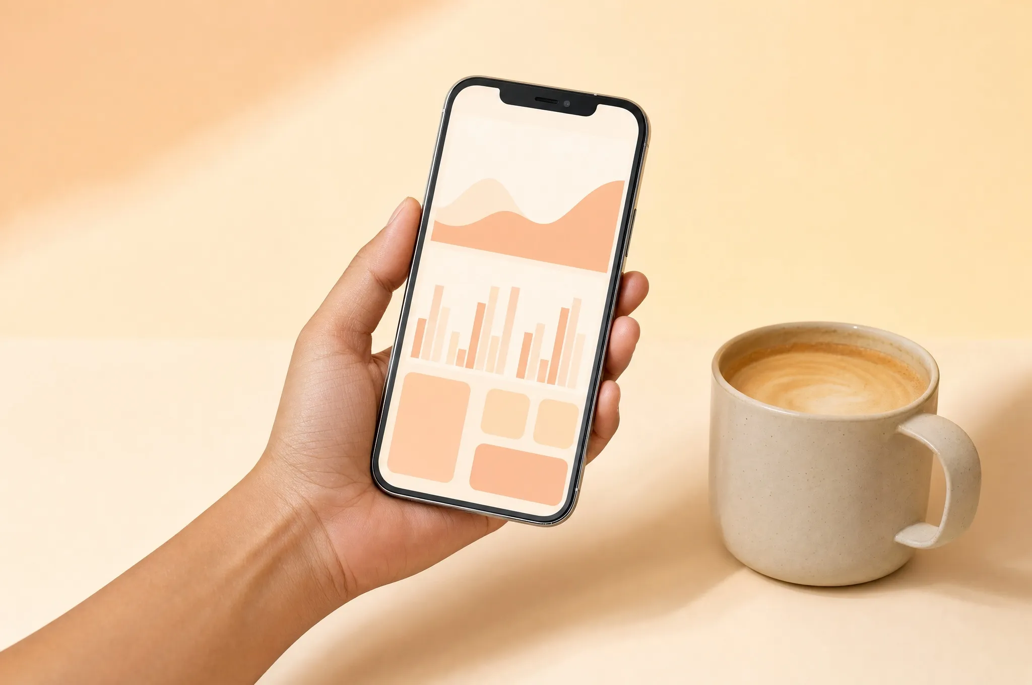 A hand holding a phone with a bookings chart, a coffee beside it