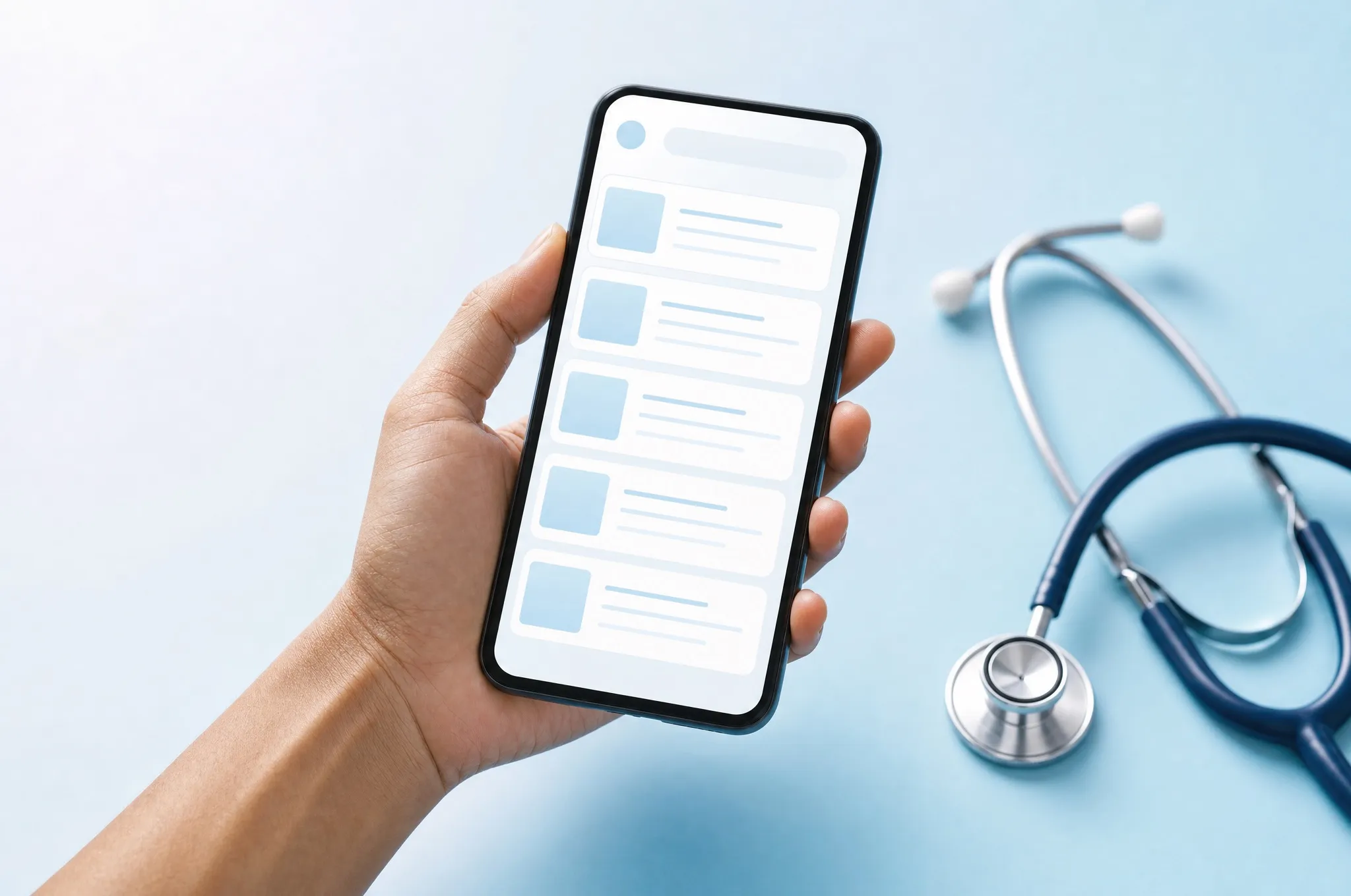 A hand holding a phone with an appointment list, a stethoscope beside it