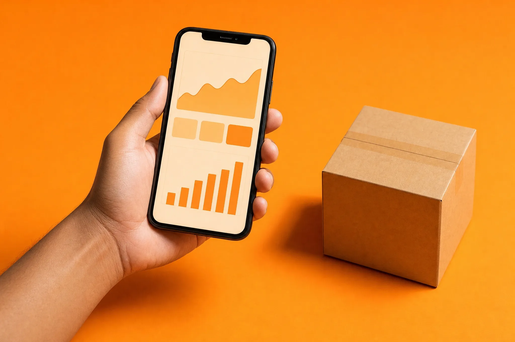 A hand holding a phone with an orders chart, a parcel beside it, on orange