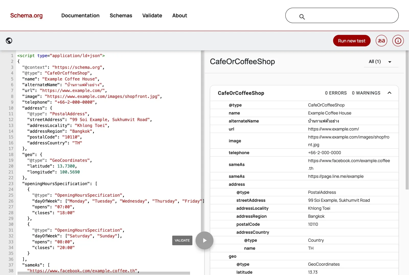 The Schema Markup Validator in English showing the Example Coffee House JSON-LD on the left and the CafeOrCoffeeShop result on the right with 0 errors and 0 warnings