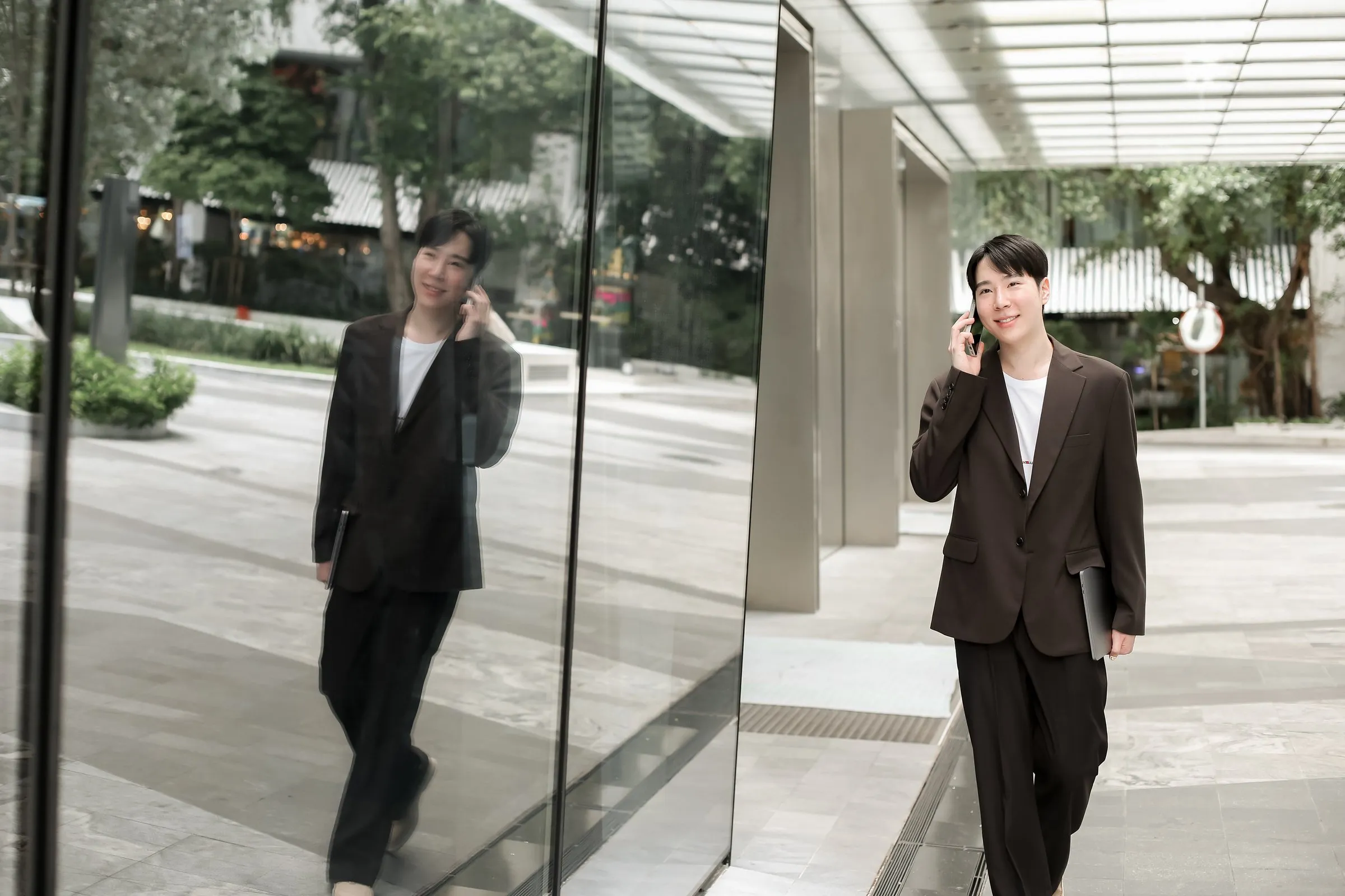 A Primal strategist on a phone call outside the office building