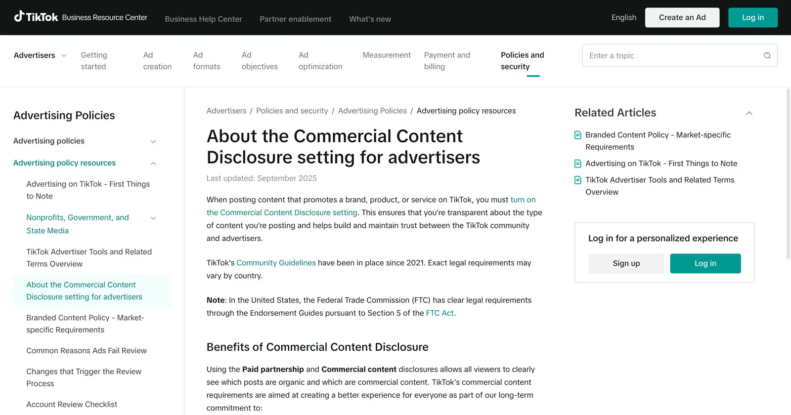 The top of TikTok’s English help page on the Commercial Content Disclosure setting, which says anyone posting content that promotes a brand, product or service on TikTok must turn the setting on
