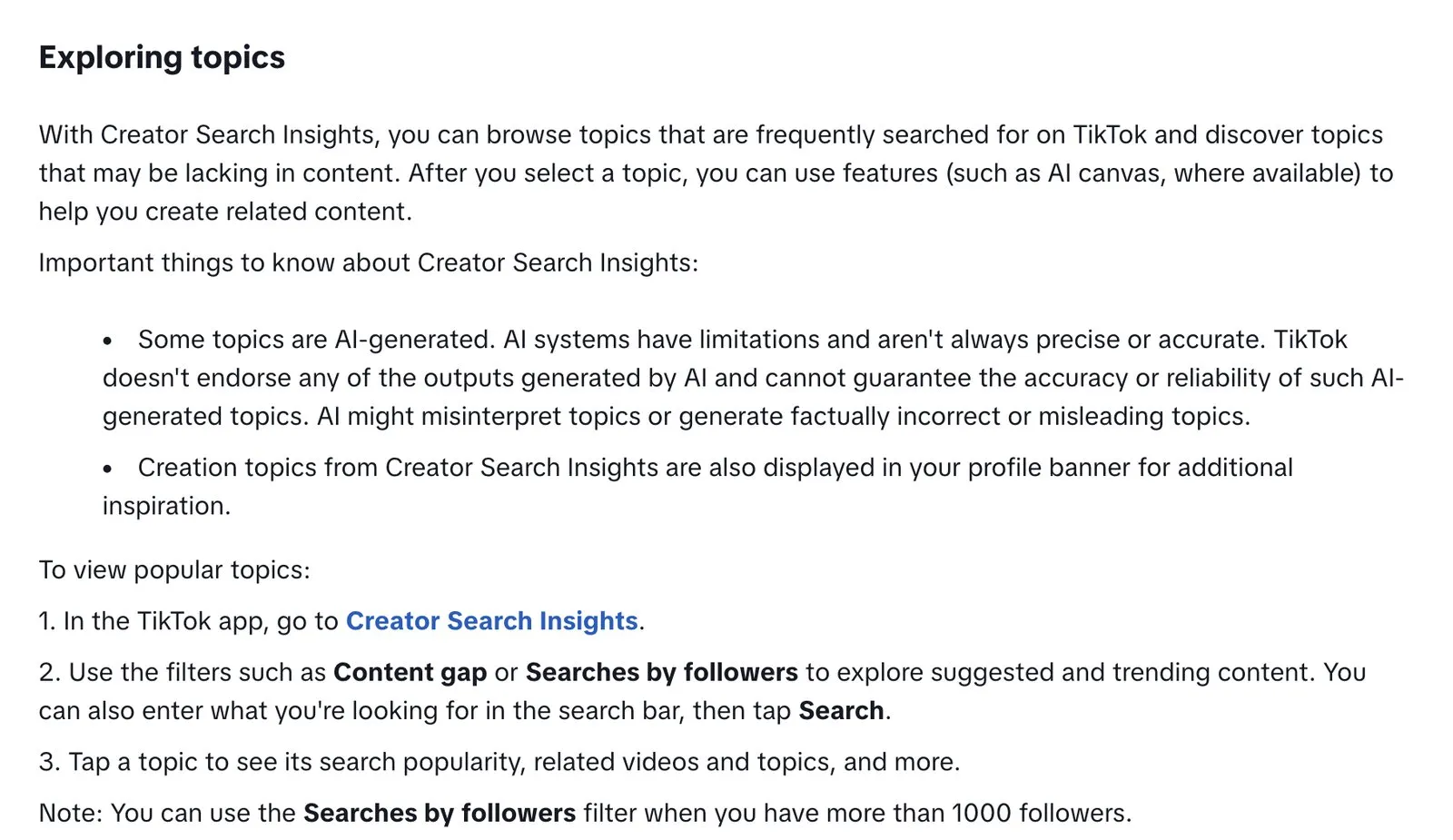 TikTok’s English help page on Creator Search Insights, showing how to view popular search topics with the Content gap filter