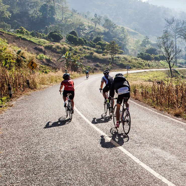 Four cyclists riding up a quiet country road between hills and dry corn stalks