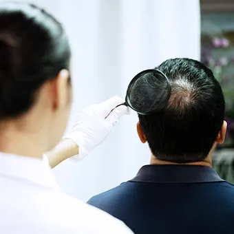 A woman in a white coat and gloves holding a magnifying glass over the crown of a man’s head
