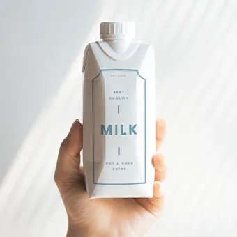 A hand holding up a white carton of milk against a sunlit wall