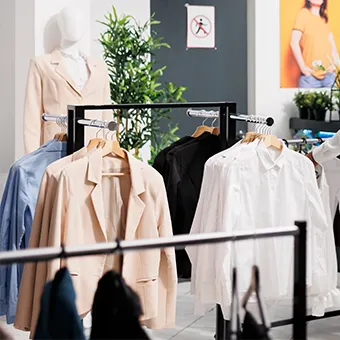 Beige jackets and white shirts on black rails in a clothing store, with a beige blazer on a mannequin behind