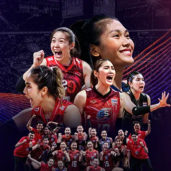 A collage of the Thailand women’s volleyball team, five large close-ups of players above the whole team celebrating in red shirts