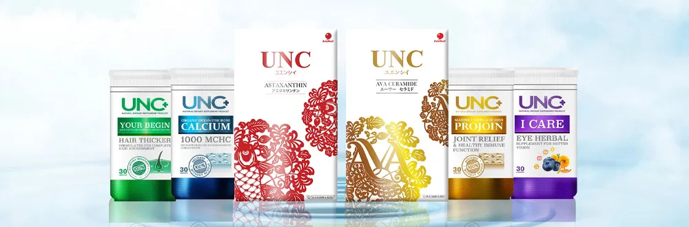 Six UNC supplement packs in a row on a pale blue background, with the Astaxanthin and AVA Ceramide boxes in the middle