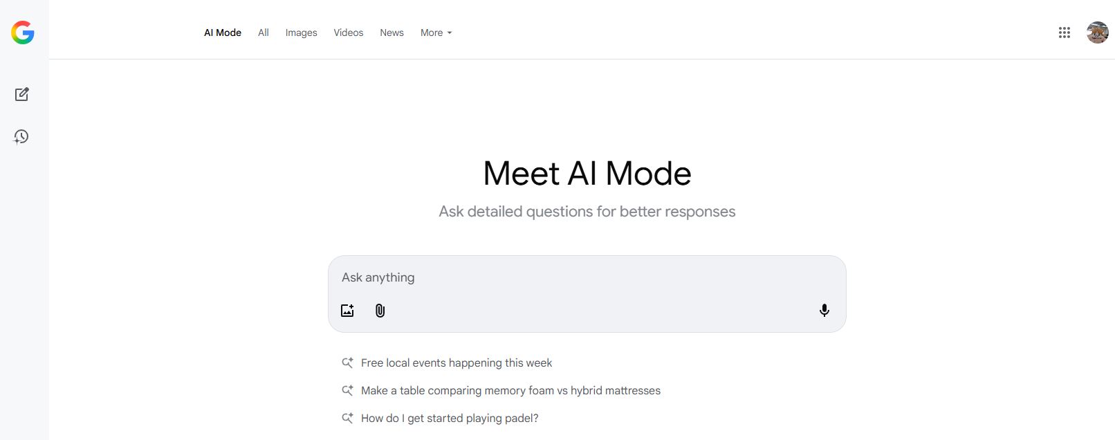 Google Search page after enabling Google AI Mode